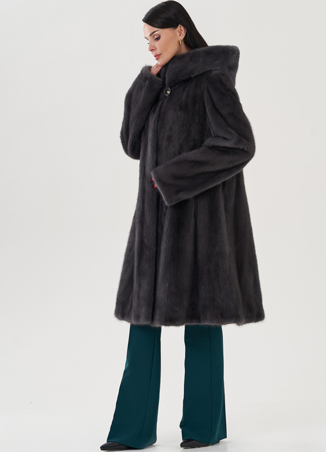 Норковая шуба годе/балетка в роспуск с капюшоном цвета графит модель № 25009 универмаг малина