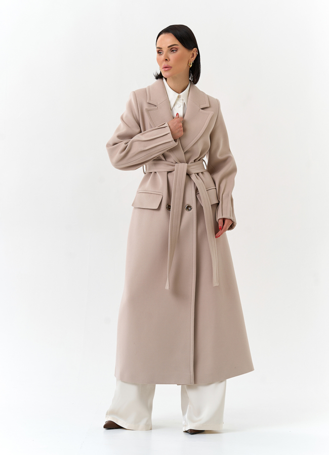 фото Женское светлое пальто с поясом модель № 32645