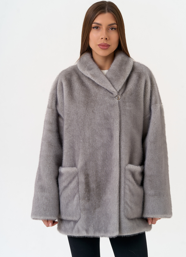 фото Женская шуба из эко меха с воротником шаль модель № 31503