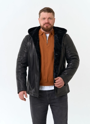 Мужская натуральная дубленка с капюшоном фото