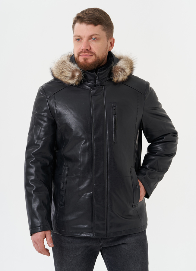 Пуховик из эко кожи с мехом енота модель № 27741 в кредит