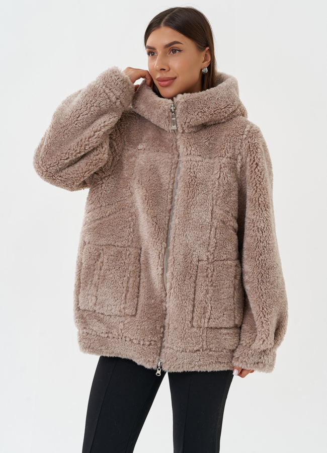 Двухсторонняя эко дубленка с капюшоном модель № 28649 универмаг малина