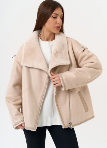 Женская дубленка из эко замши с отложным воротником