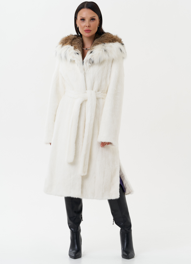 Шуба из белой  норки с капюшоном из рыси модель № 25001 универмаг малина