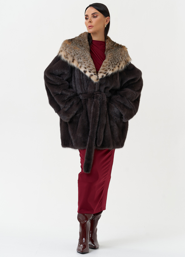 Женская шуба из меха норки с капюшоном из меха рыси модель № 31164 универмаг малина