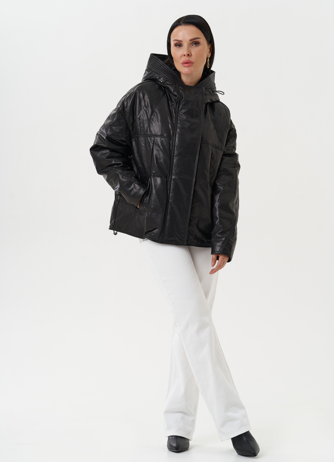 Утепленная куртка из натуральной кожи с капюшоном модель № 28111 в кредит