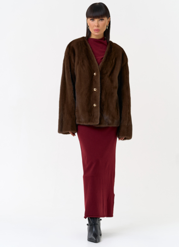 Укороченная шуба из меха норки с акцентными пуговицами
