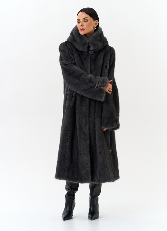 Женская шуба из меха норки с капюшоном модель № 32108 меха малина