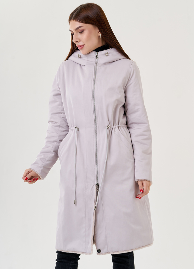 Двухстороннее пальто из эко меха с капюшоном модель № 25354 универмаг малина