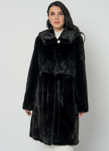 Норковая шуба с капюшоном и поясом черного цвета