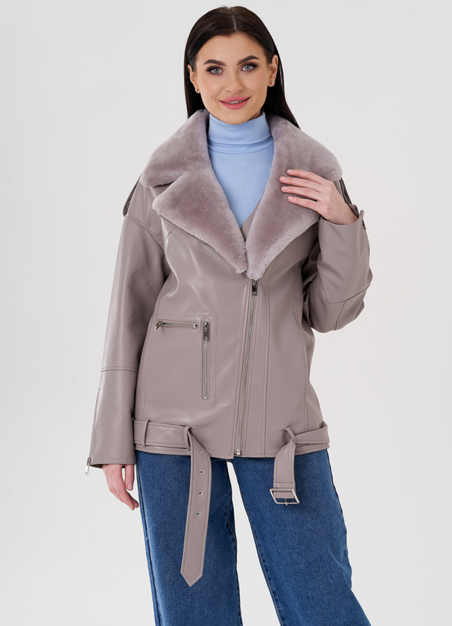 Куртка из эко кожи на утеплителе с натуральным мехом модель № 24214 меха малина