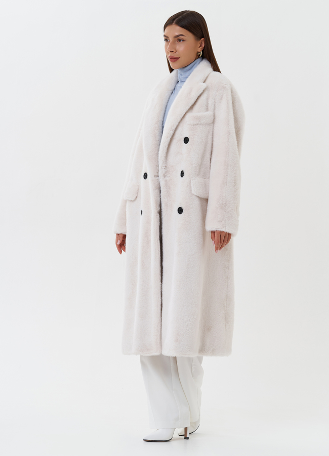 Двубортное пальто из эко меха модель № 27689 универмаг малина