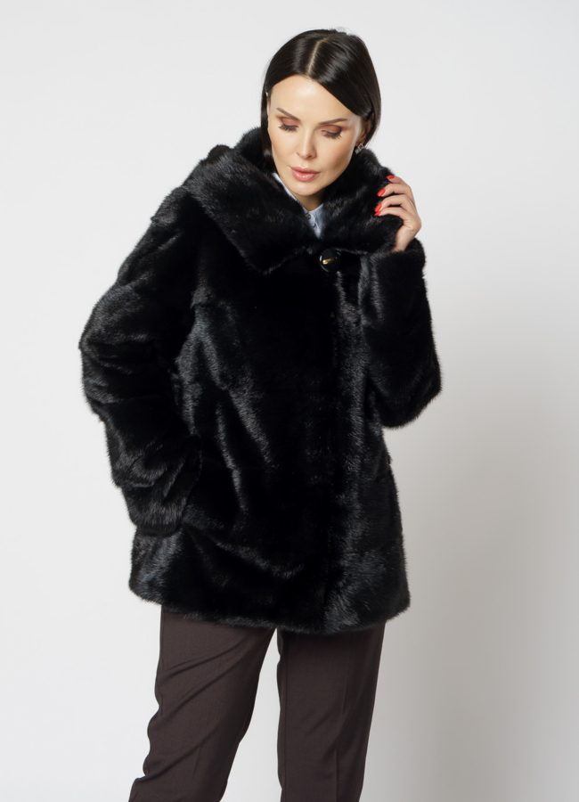 Укороченная норковая шуба черного цвета 2 в 1 модель № 25396 меха малина