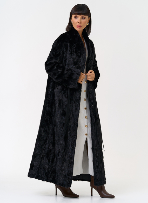 Длинная шуба из меха норки с поясом