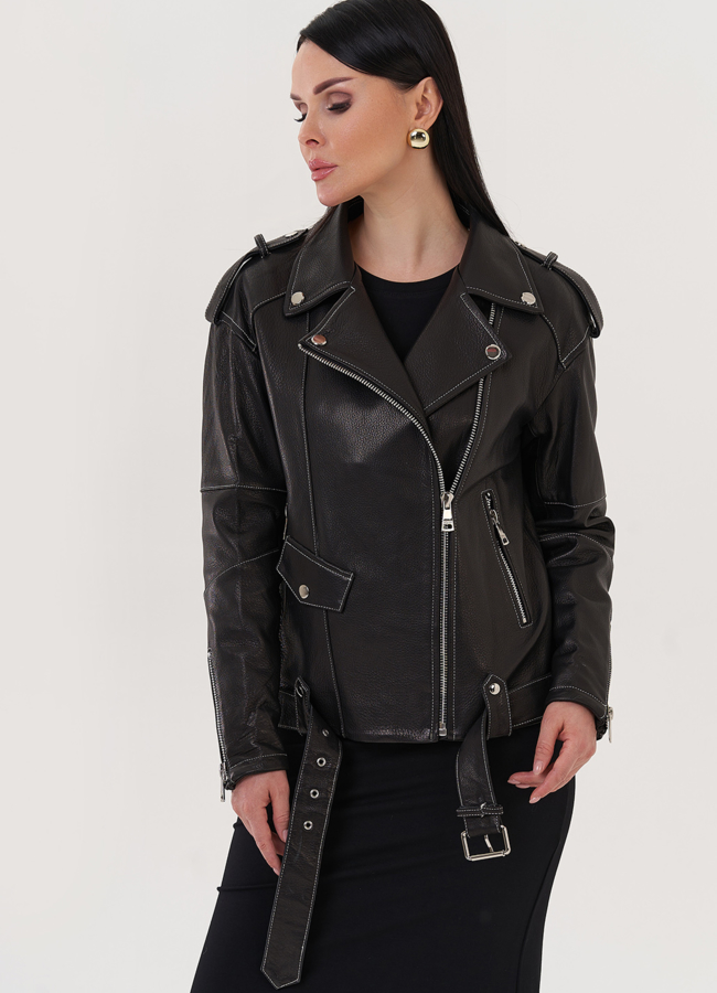 Кожаная куртка с контрастной строчкой модель № 597 меха малина