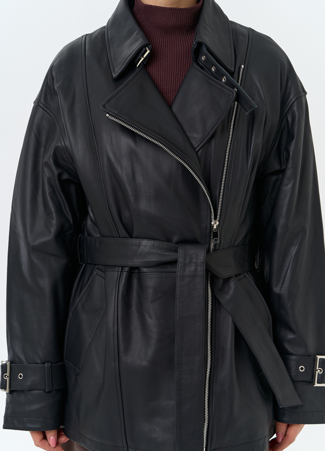 Женская куртка из натуральной кожи с поясом модель № 25364 универмаг малина