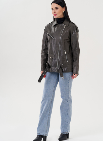 Длинная косуха из натуральной кожи серого цвета