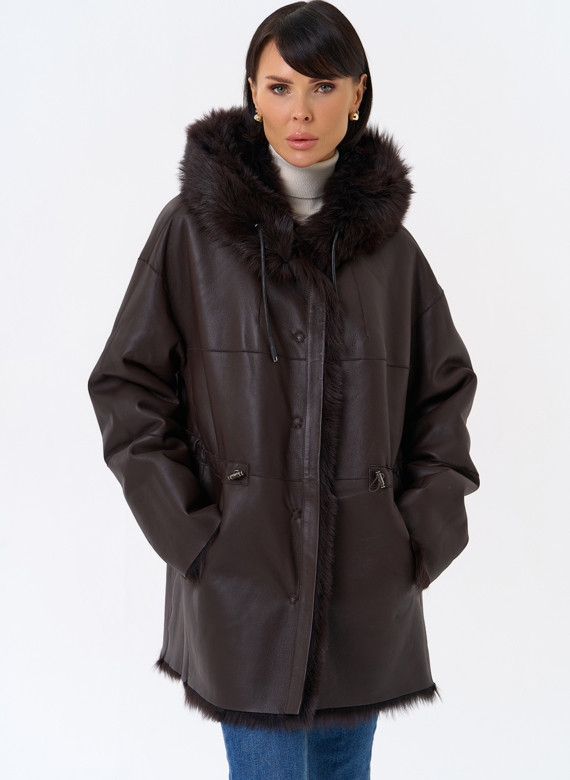Женская двухсторонняя дубленка с капюшоном