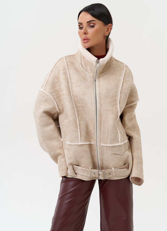 Женская дубленка из эко замши модель № 31283 меха малина