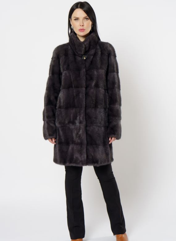 Норковая шуба с воротником стойка в цвете графит