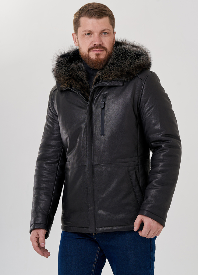 Мужской пуховик из натуральной кожи с мехом модель № 79173 меха малина