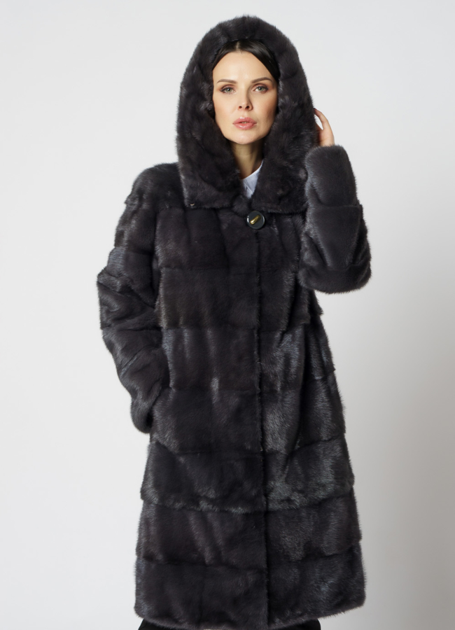 Норковая шуба в цвете графит с капюшоном  модель № 24954 меха малина