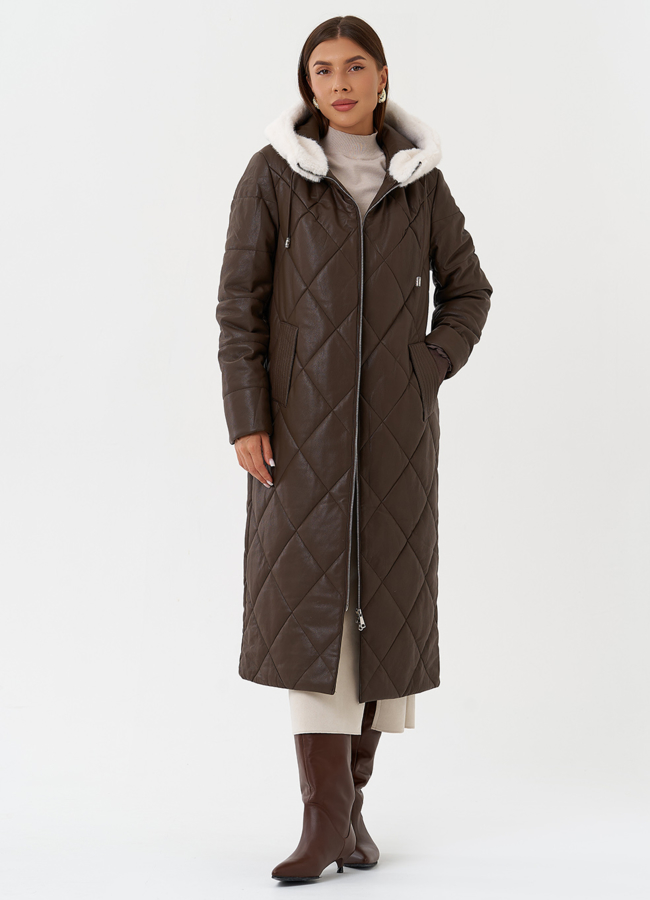 Пуховик из эко кожи с капюшоном модель № 27730 универмаг малина