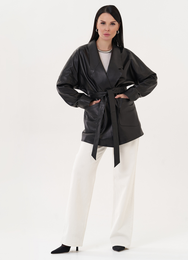 Кожаная куртка-пиджак с поясом модель № 26952 в рассрочку