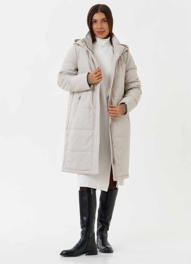 Светлый пуховик из эко кожи  модель № 27728 универмаг малина