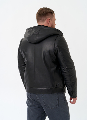 Мужской пуховик из натуральной кожи с капюшоном