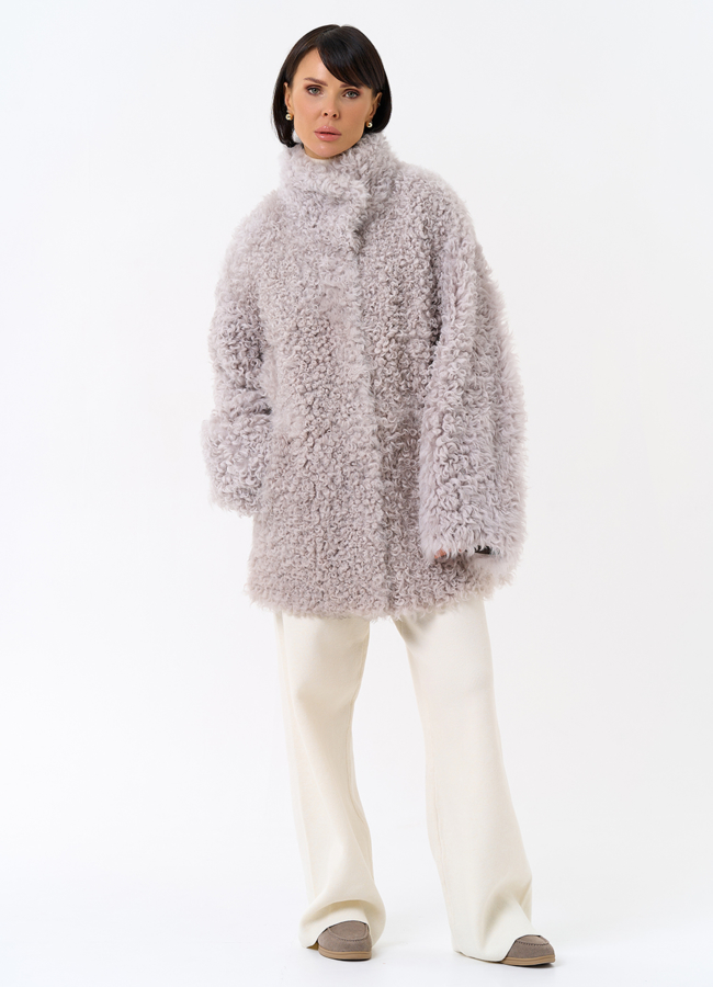 Женская двухсторонняя дубленка с воротником стойкой модель № 31849 меха малина