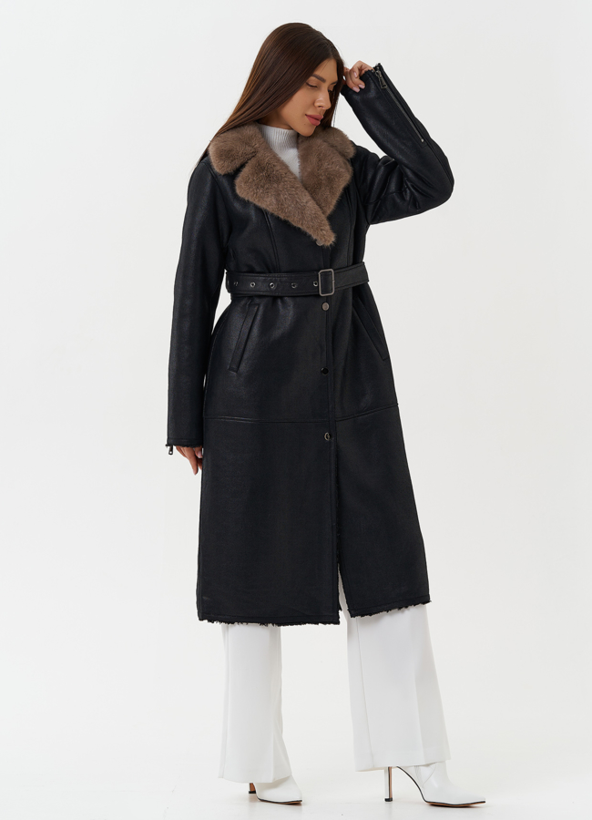 Длинная дубленка из эко кожи с английским воротником модель № 27780 в кредит
