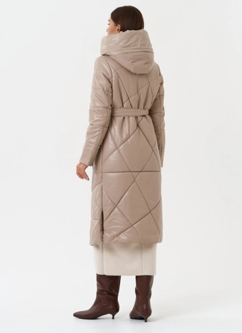 Женский пуховик из эко кожи с поясом