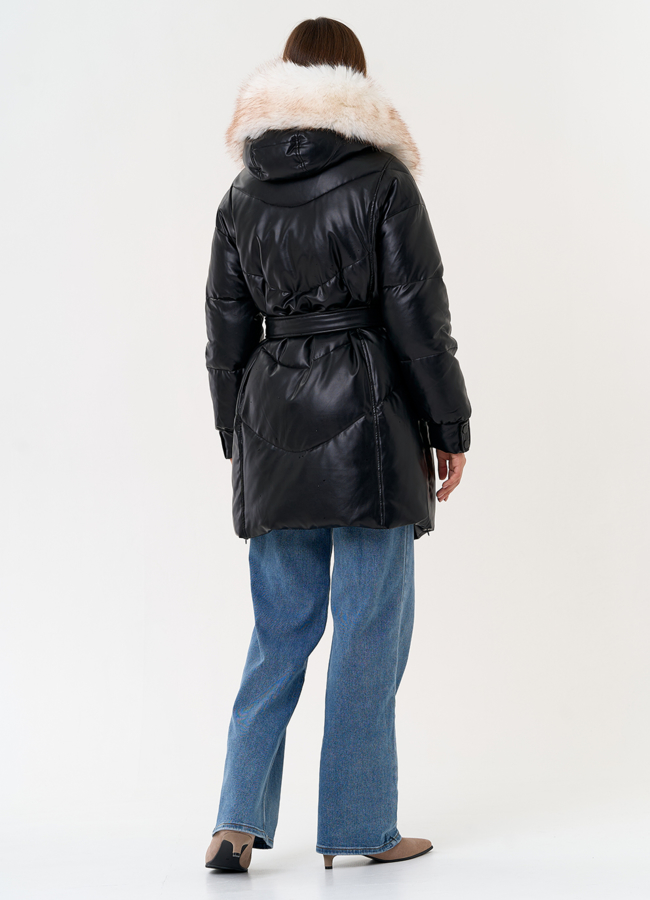 Женский пуховик из эко кожи с отделкой из эко меха модель № 30735 в кредит