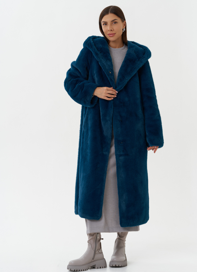 Удлиненное пальто из эко меха с капюшоном модель № 27793 универмаг малина