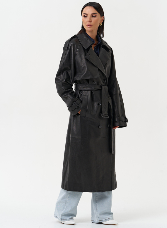 Длинный плащ из натуральной кожи черного цвета