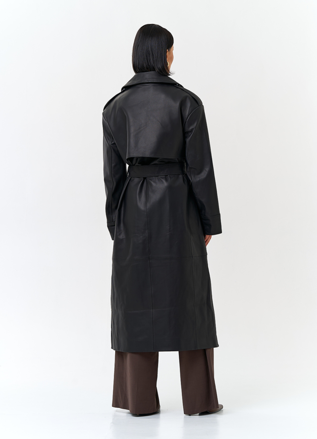 фото Женский плащ из натуральной кожи с поясом модель № 32901