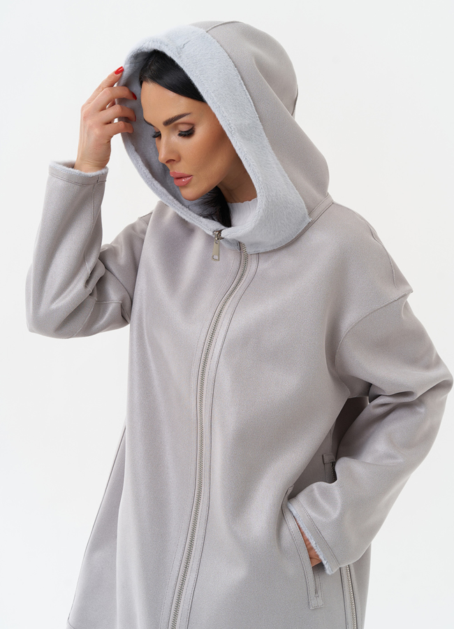 Двухсторонняя дубленка из эко замши с капюшоном модель № 29986 универмаг малина