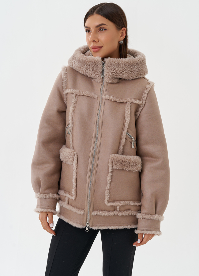 Двухсторонняя эко дубленка с капюшоном модель № 28649 меха малина