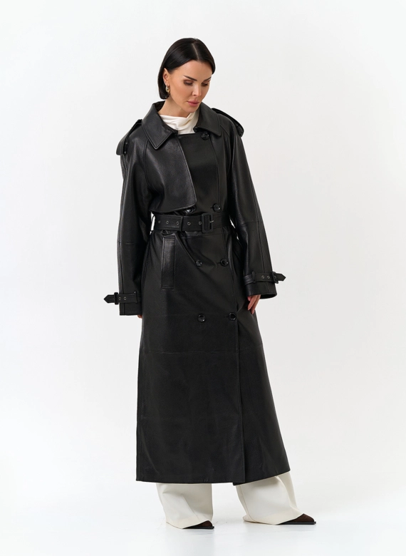 Женский длинный плащ из натуральной кожи