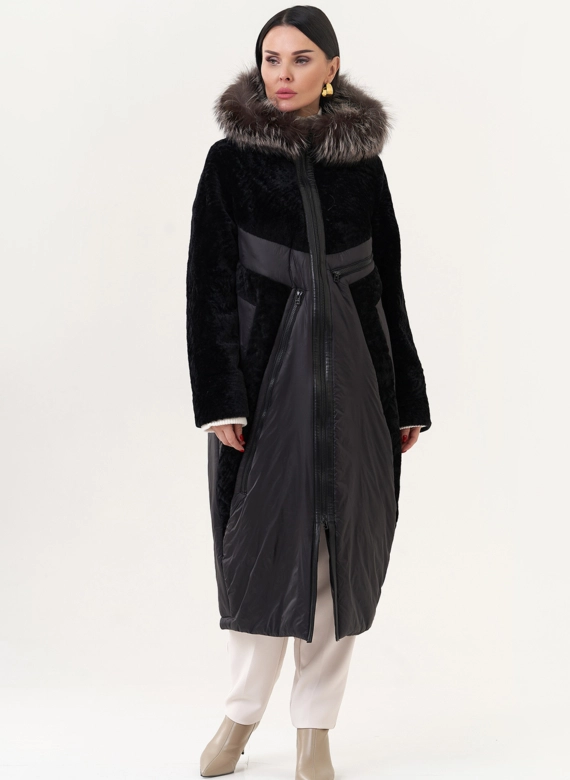 Комбинированный пуховик с овчиной фото