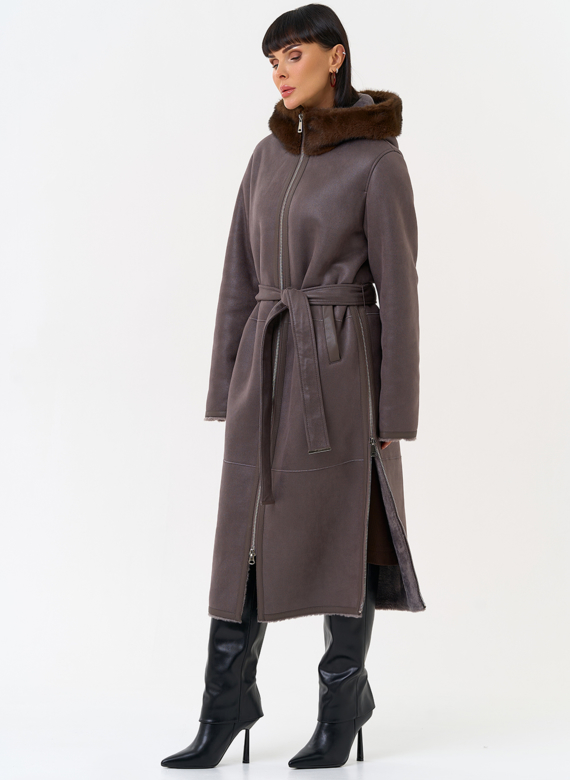 Женская дубленка из эко замши с поясом