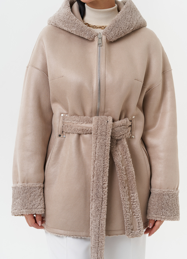 Дубленка из эко кожи с капюшоном модель № 27770 в кредит