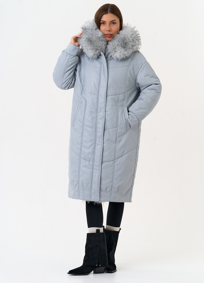 Женский пуховик из эко кожи с отделкой из эко меха модель № 30720 универмаг малина