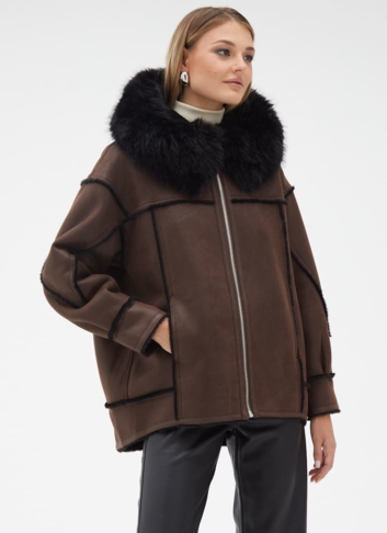 Женская дубленка из эко кожи с капюшоном