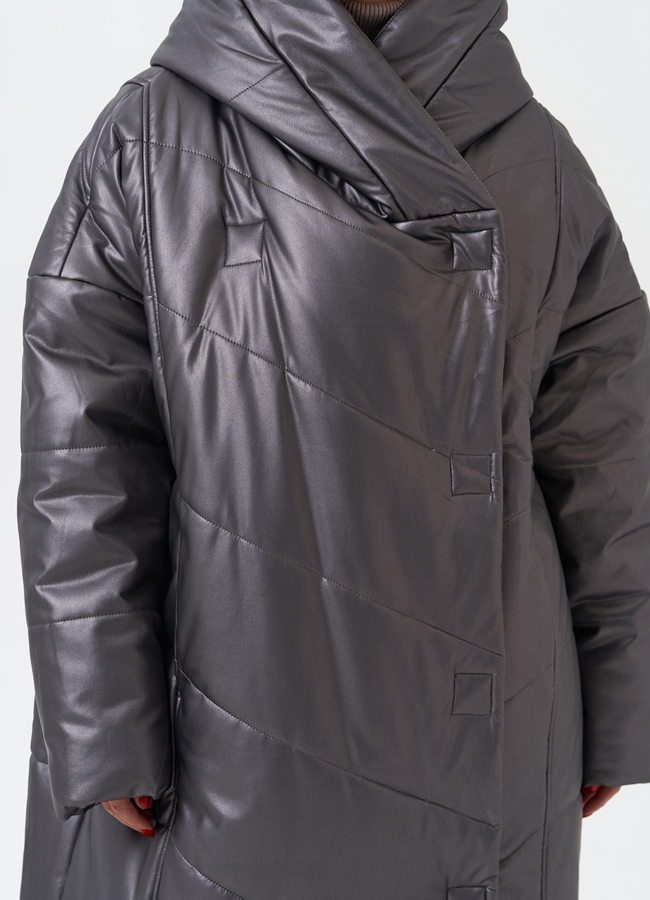 Пуховик из эко кожи с капюшоном модель № 27716 универмаг малина