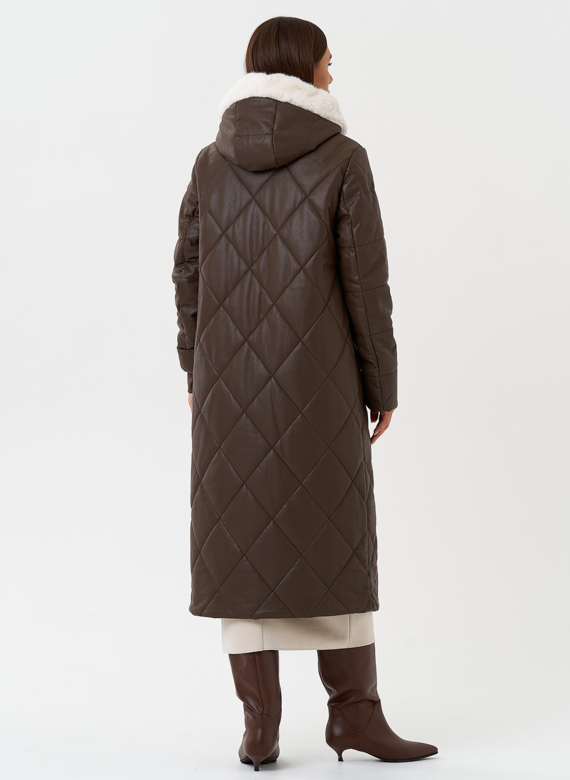 Пуховик из эко кожи с капюшоном