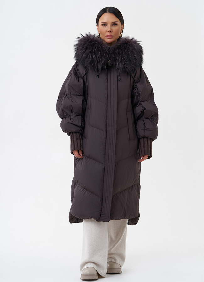 Длинный женский пуховик с капюшоном модель № 29359 меха малина