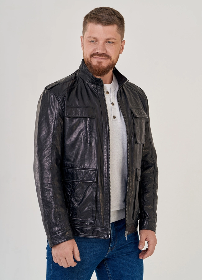 Кожаная куртка с накладными карманами модель № 8055 меха малина