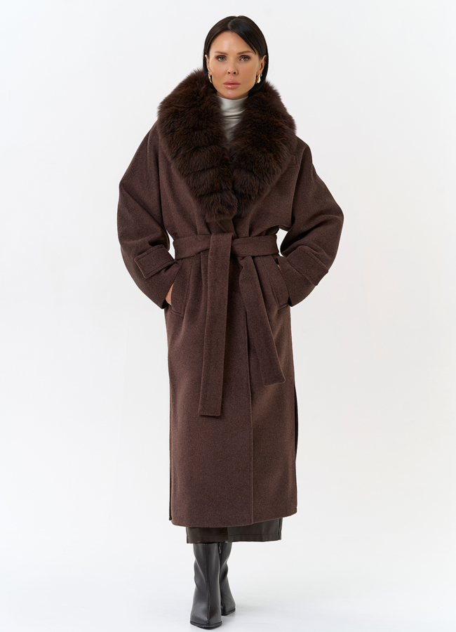 Женское утепленное пальто с отделкой из меха песца модель № 32005 в кредит